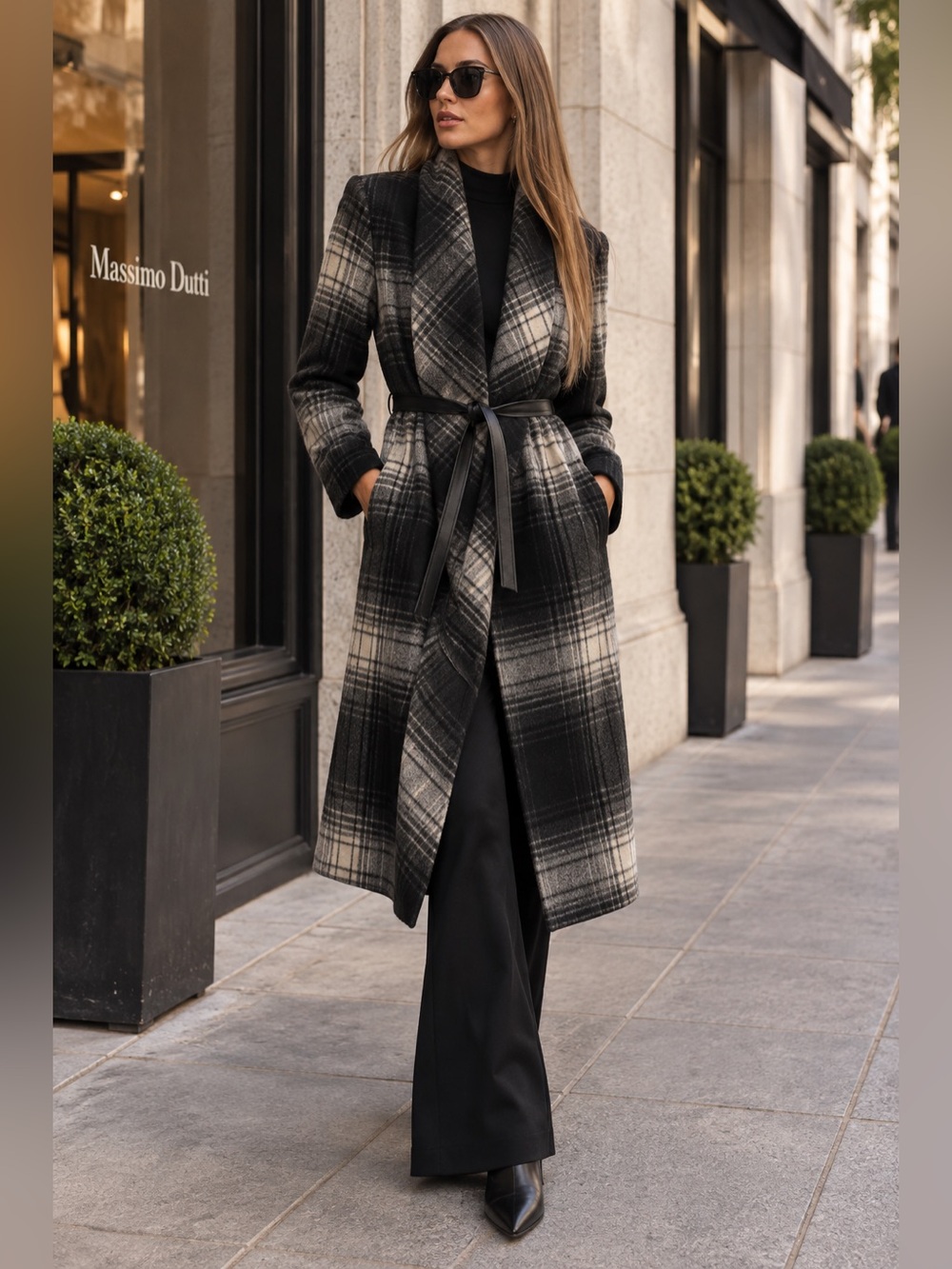 IPEKYOL Plaid Belted Wool-Blend Wrap Coat Black Gray Size 34 / US 4